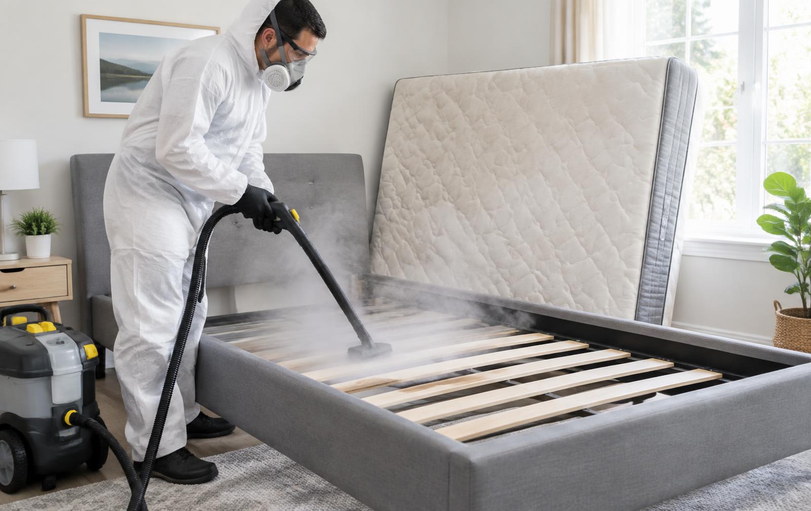 Steam treatment of a bed frame for bed bugs