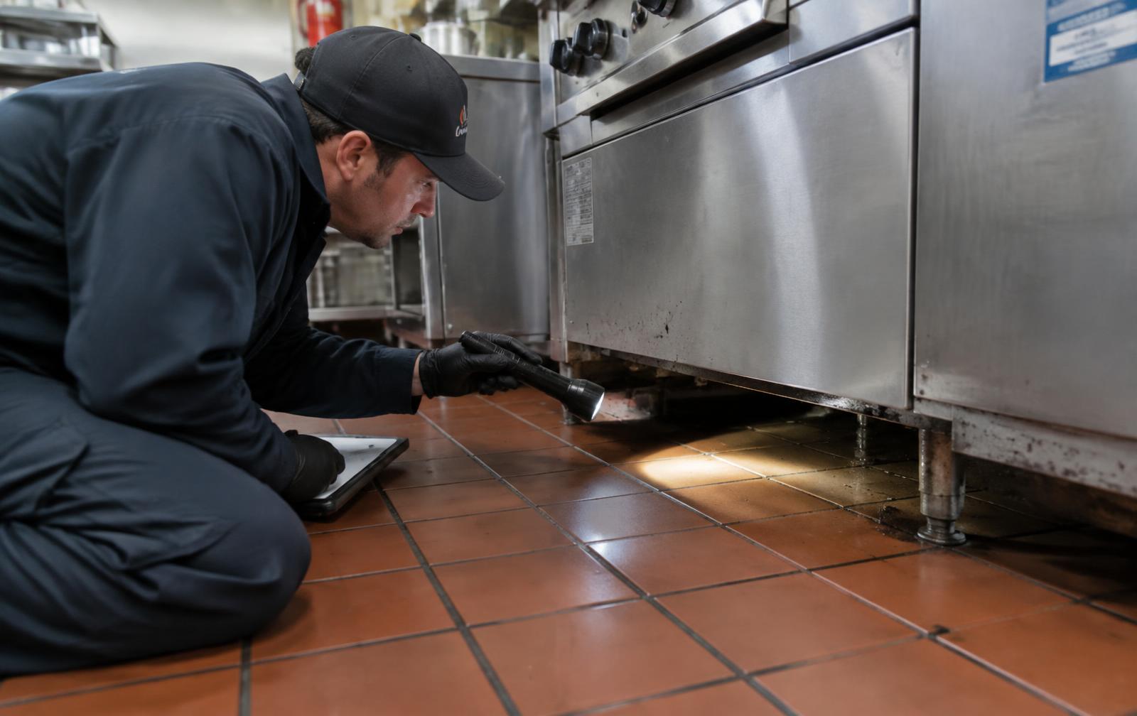 Technician inspecting under a commercial oven for cockroaches in Cork