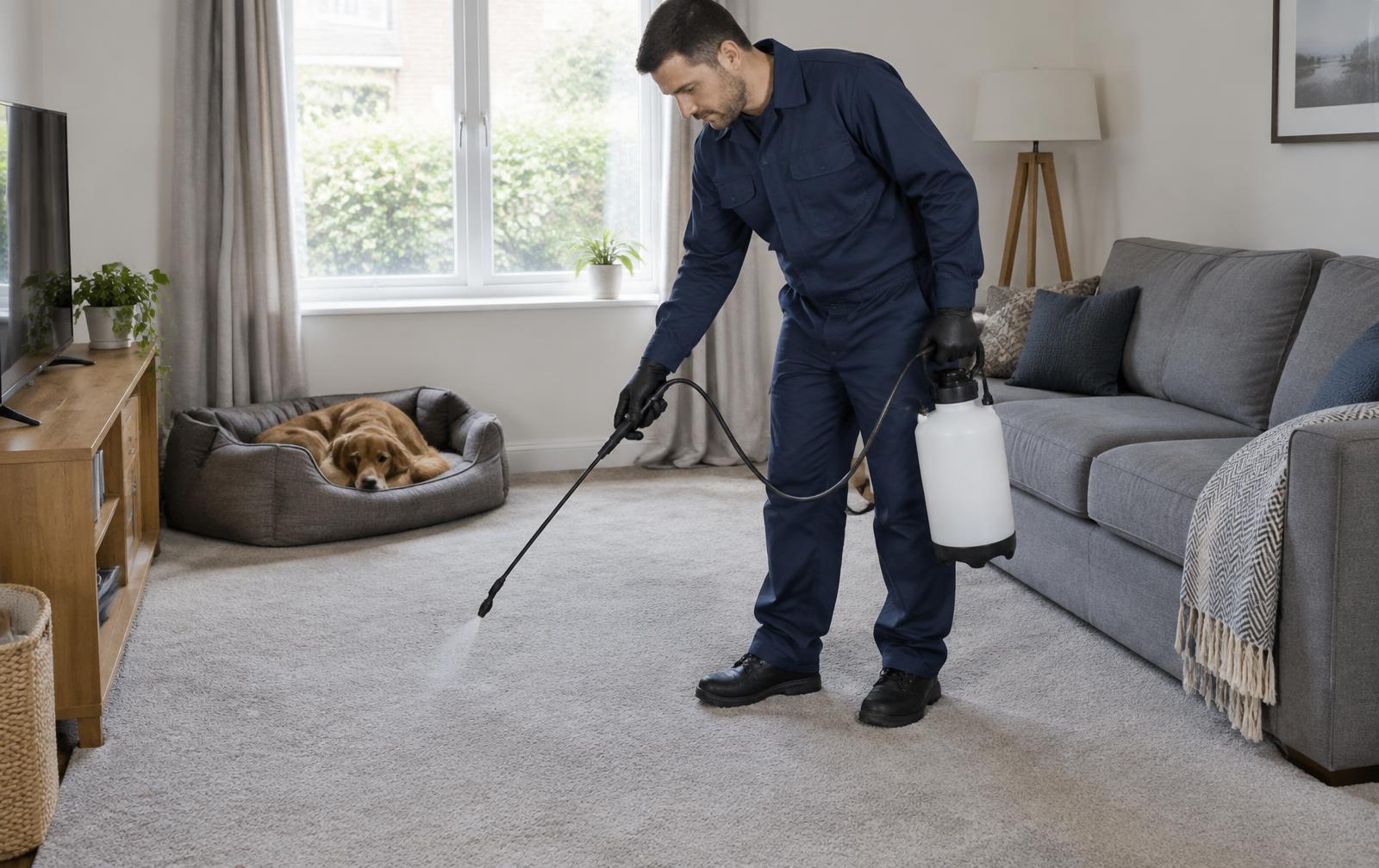 Technician spraying carpet for fleas in a Cork living room with a dog bed nearby