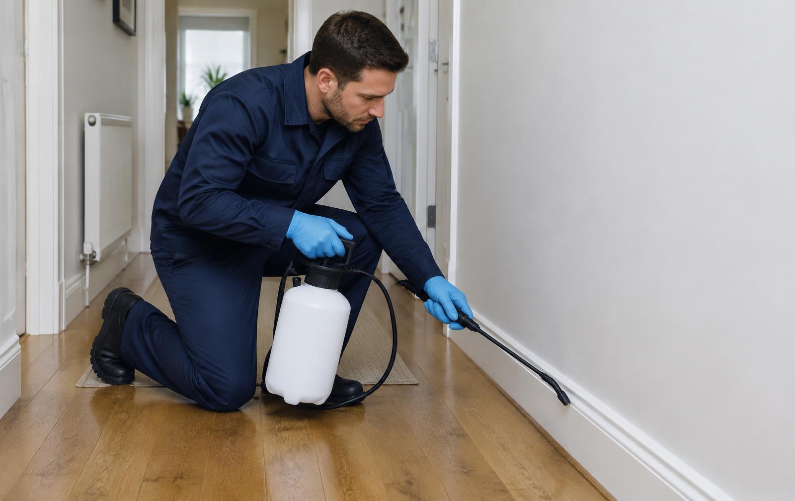 Technician treating skirting boards for silverfish in a Cork home
